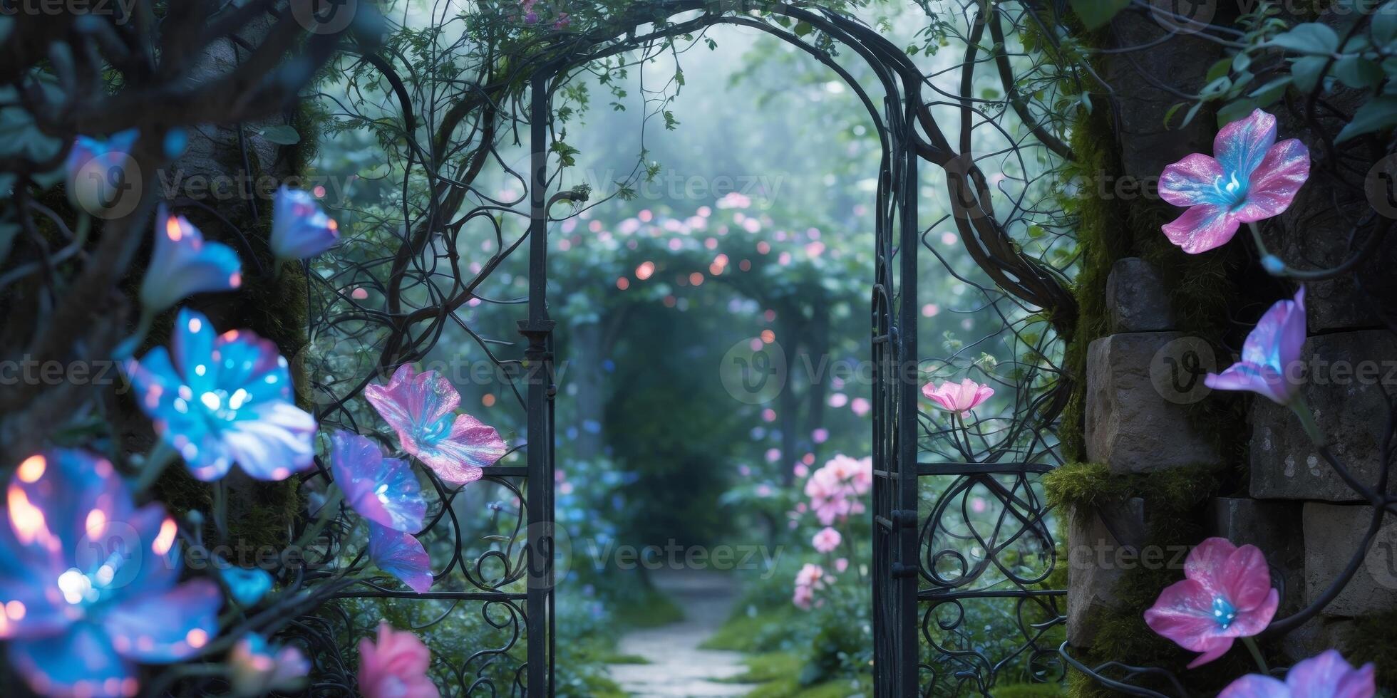 Enchanting secret garden behind wrought iron gate with flowers that glow in magical hues photo