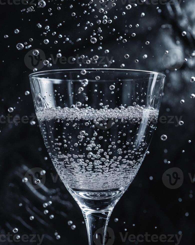 Clear Glass of Sparkling Water with Bubbles on Dark Background photo