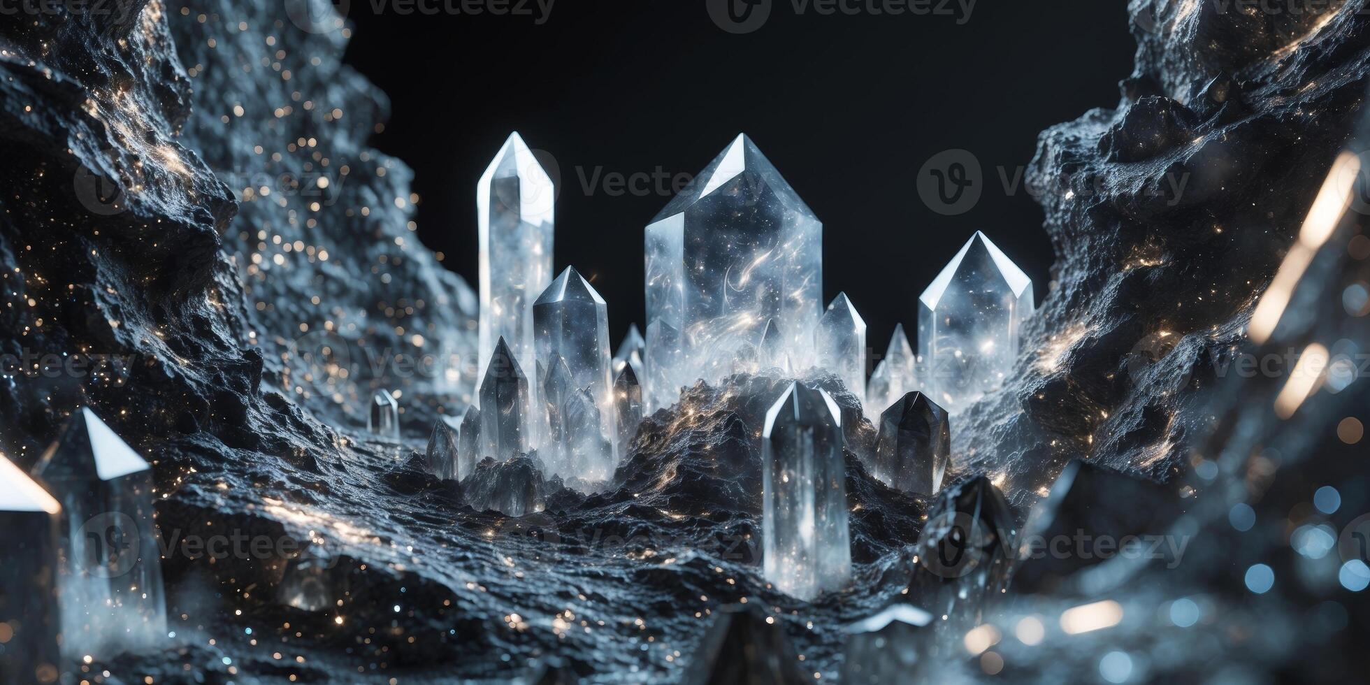 An asteroid belt filled with massive glowing crystals embedded in striking rocky formations photo