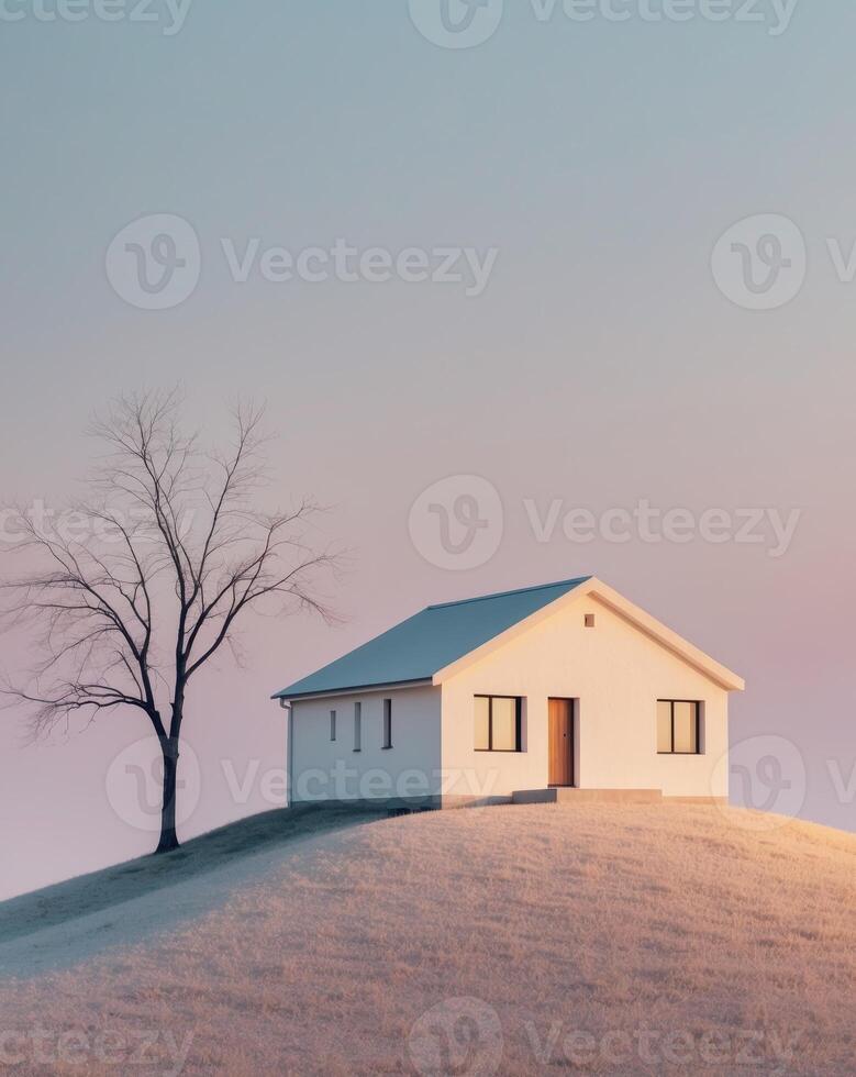 Serene House on Hill with Bare Tree and Soft Pastel Background photo