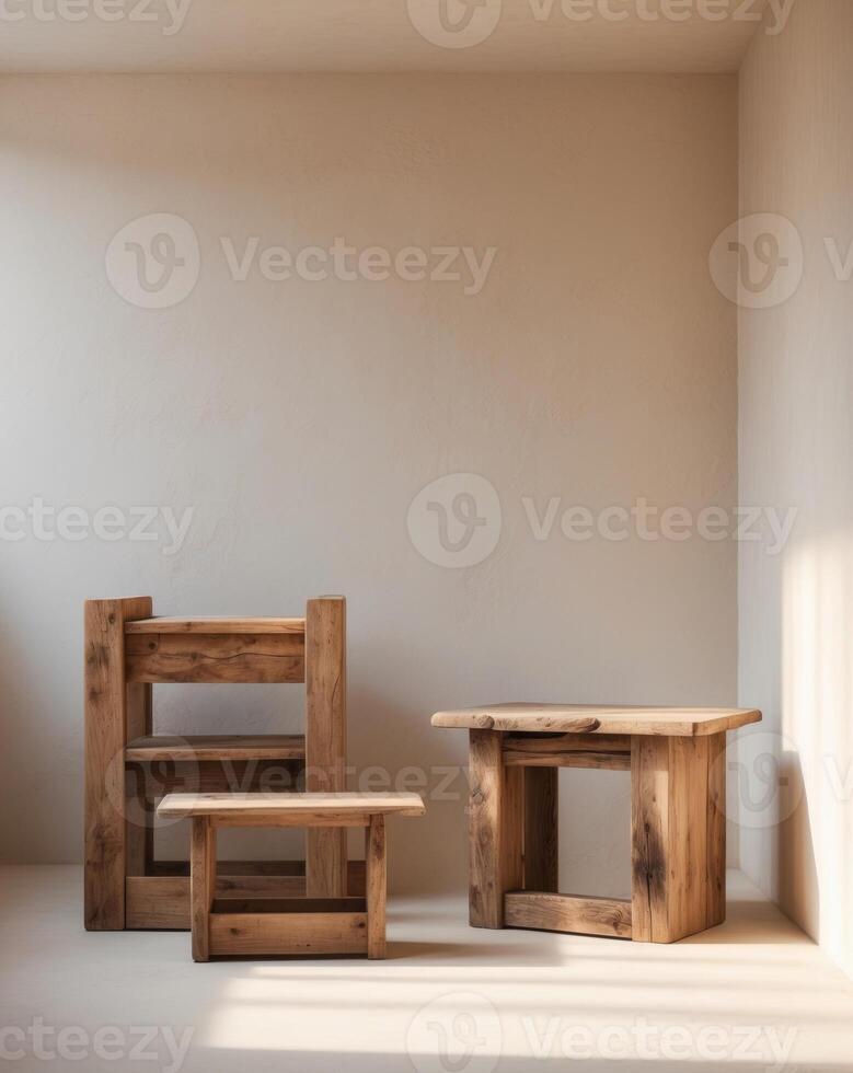 Rustic Wooden Furniture in Cozy Corner with Natural Light photo
