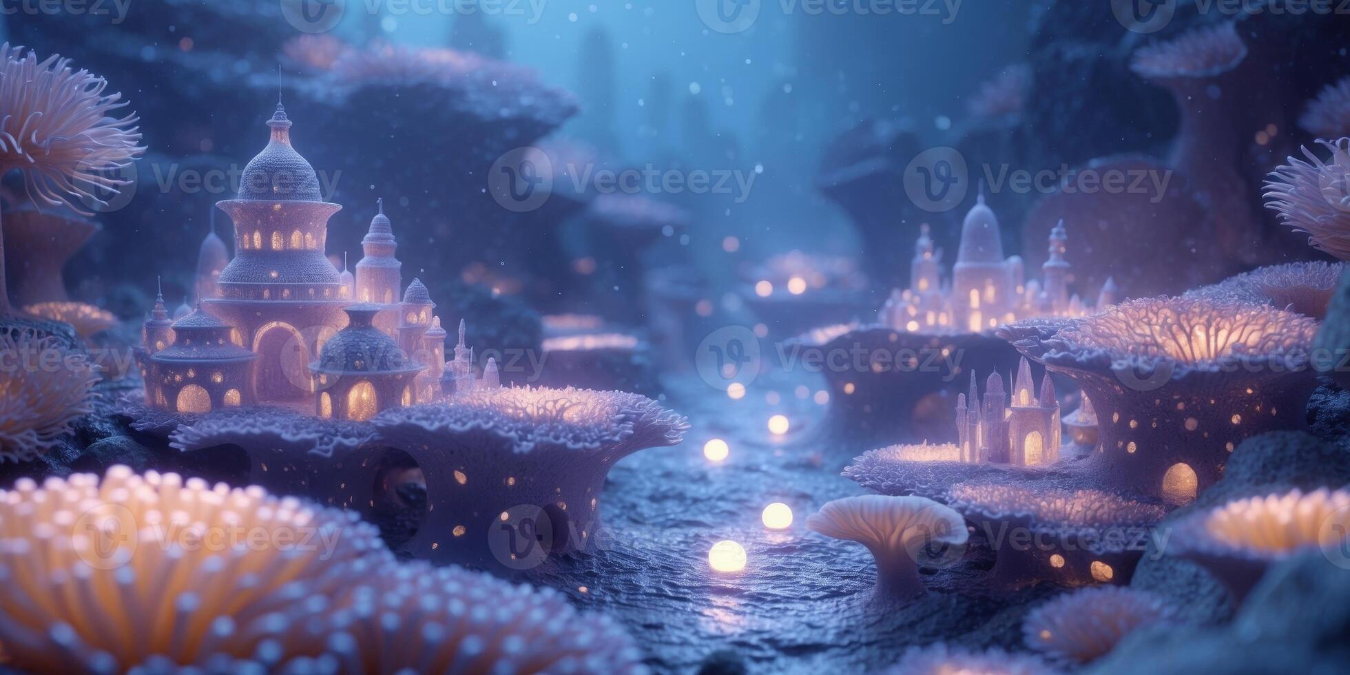 Mystical underwater city with coral shaped structures illuminated by soft glowing light photo