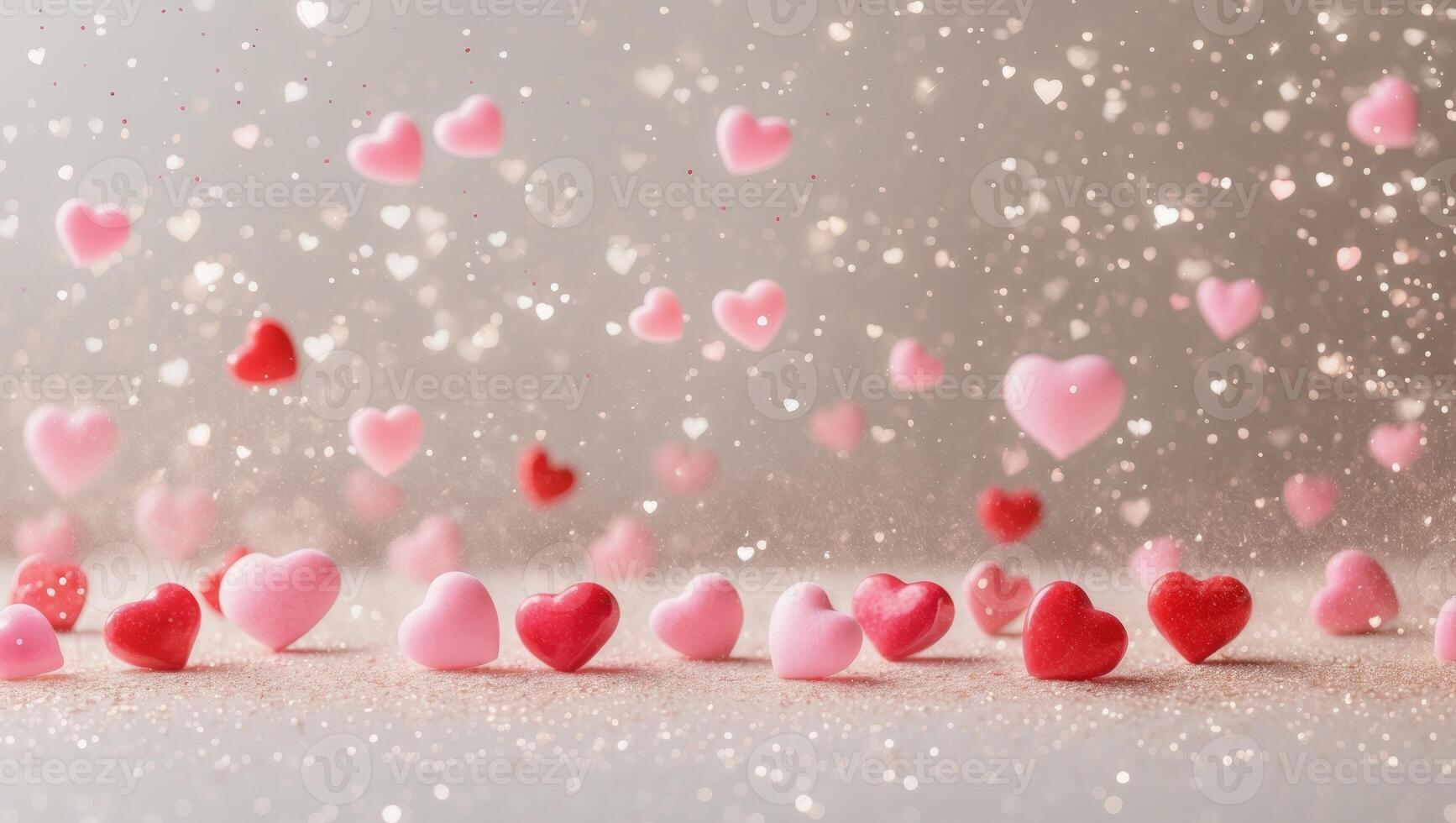 Whimsical Valentine's Day Background with Falling Pink and Red Candy Hearts and Glitter photo