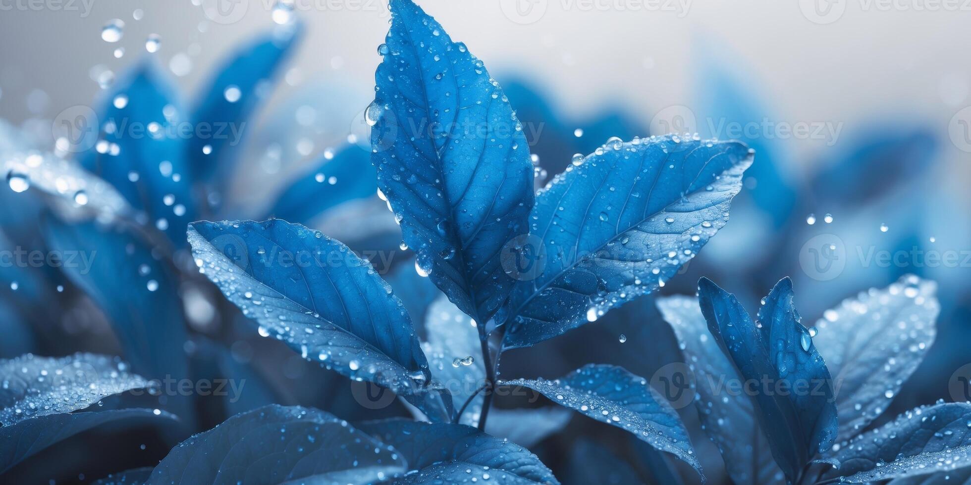 Vibrant Wet Blue Leaves Background - Closeup of Fresh Nature with Dew DropletsVibrant Wet Blue Leaves Background - Closeup of Fresh Nature with Dew Droplets. photo