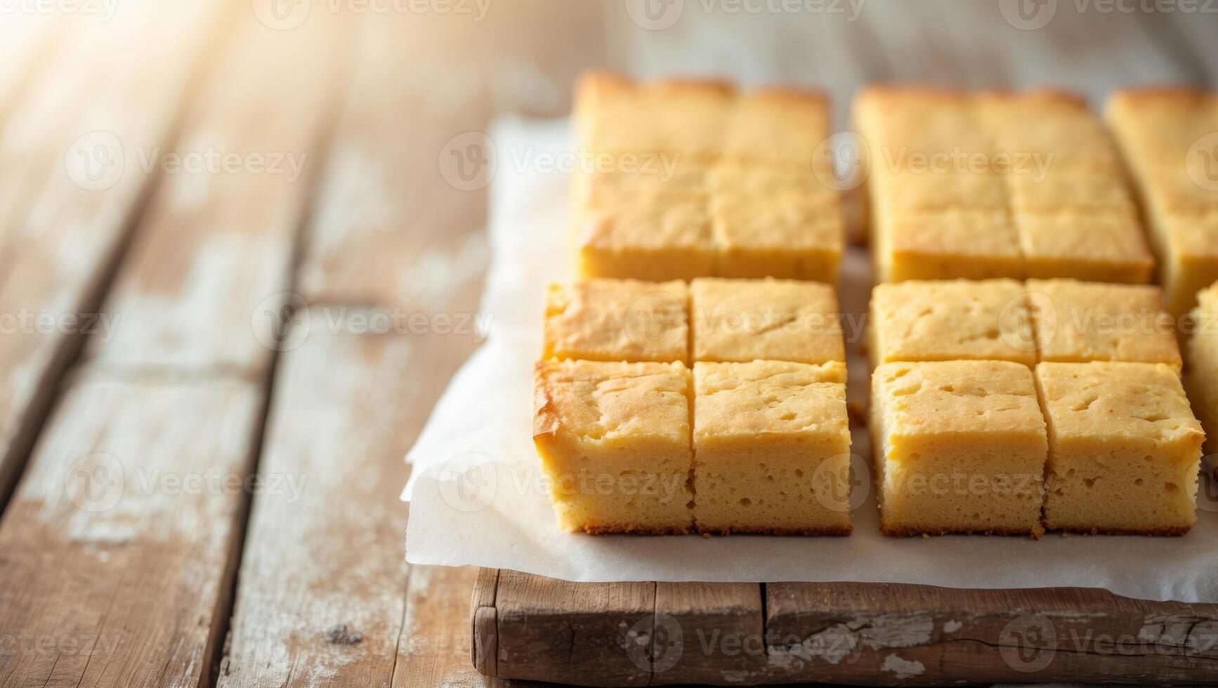 Warm Freshly Baked Cornbread Squares Served on a Rustic Wooden Table photo