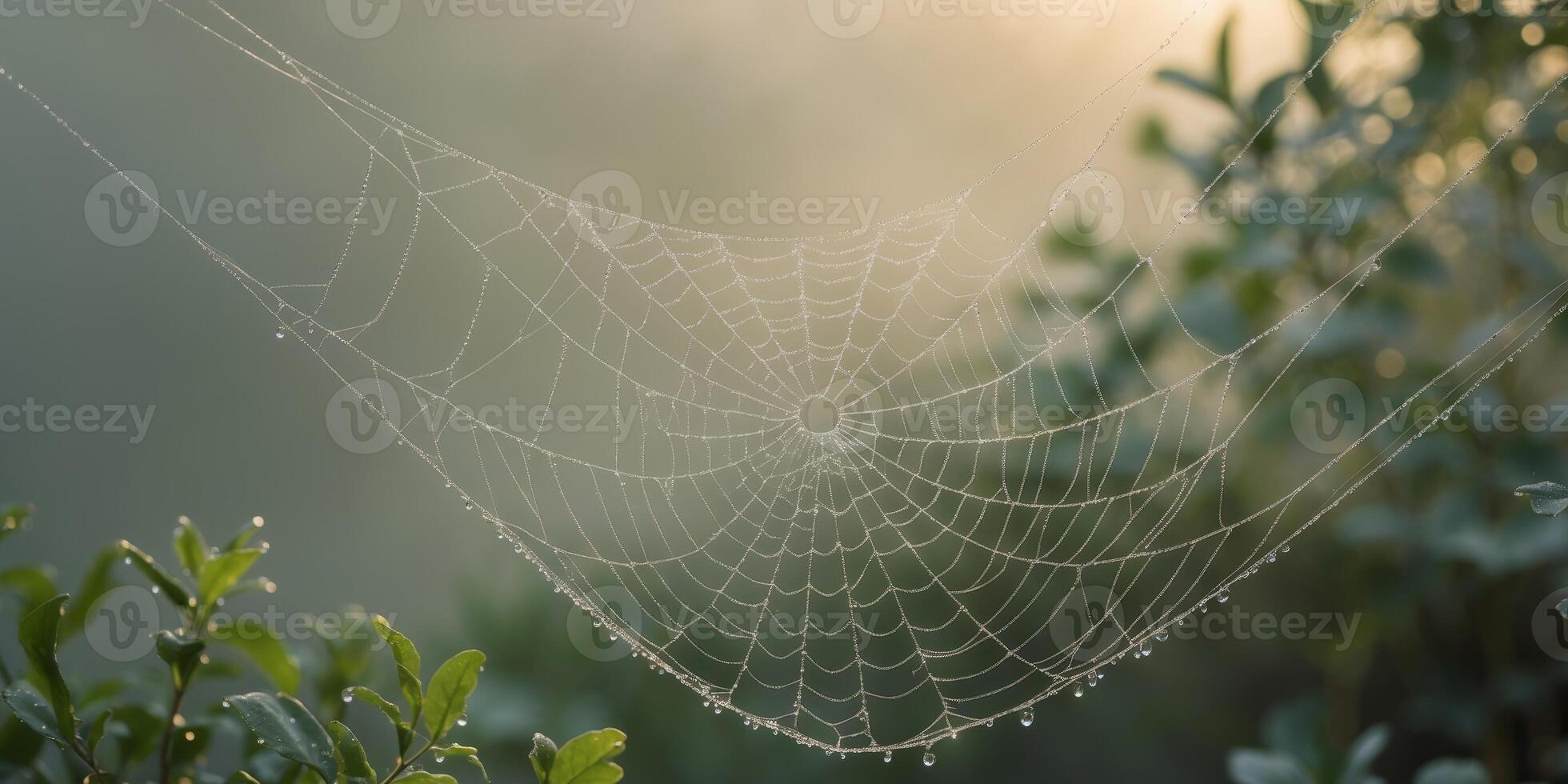Delicate Spider Web Glimmering with Dew Drops in Soft Morning Light Over Nature Background photo