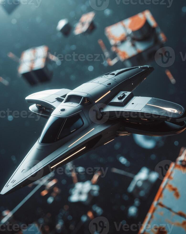 A stunning spacecraft orbiting amidst abandoned satellites and electronic waste in outer space photo