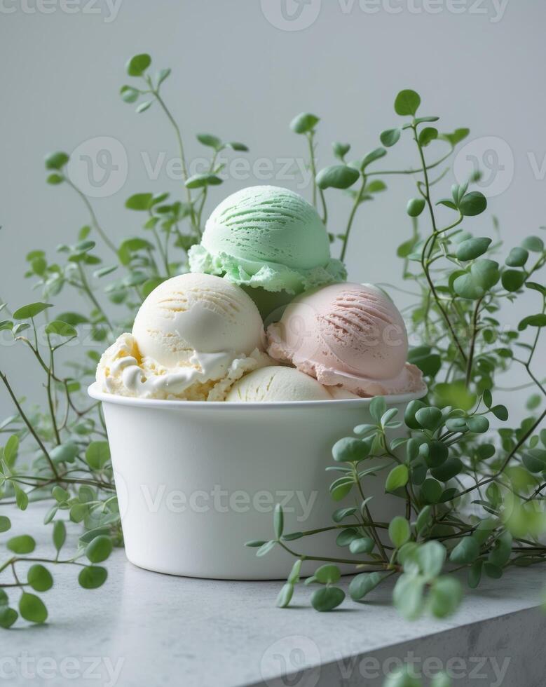 Ice cream scoops in a tub surrounded by plants for dessert concept photo