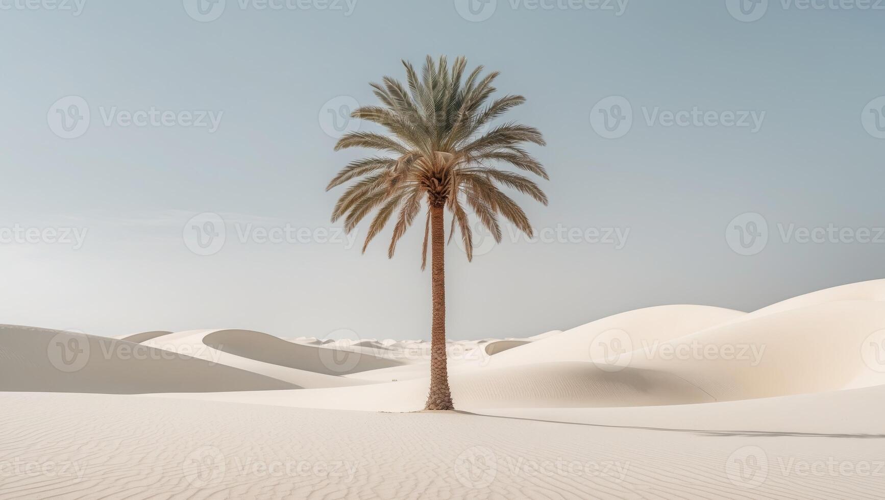 solitary palm tree stands in vast desert landscape with dunes photo