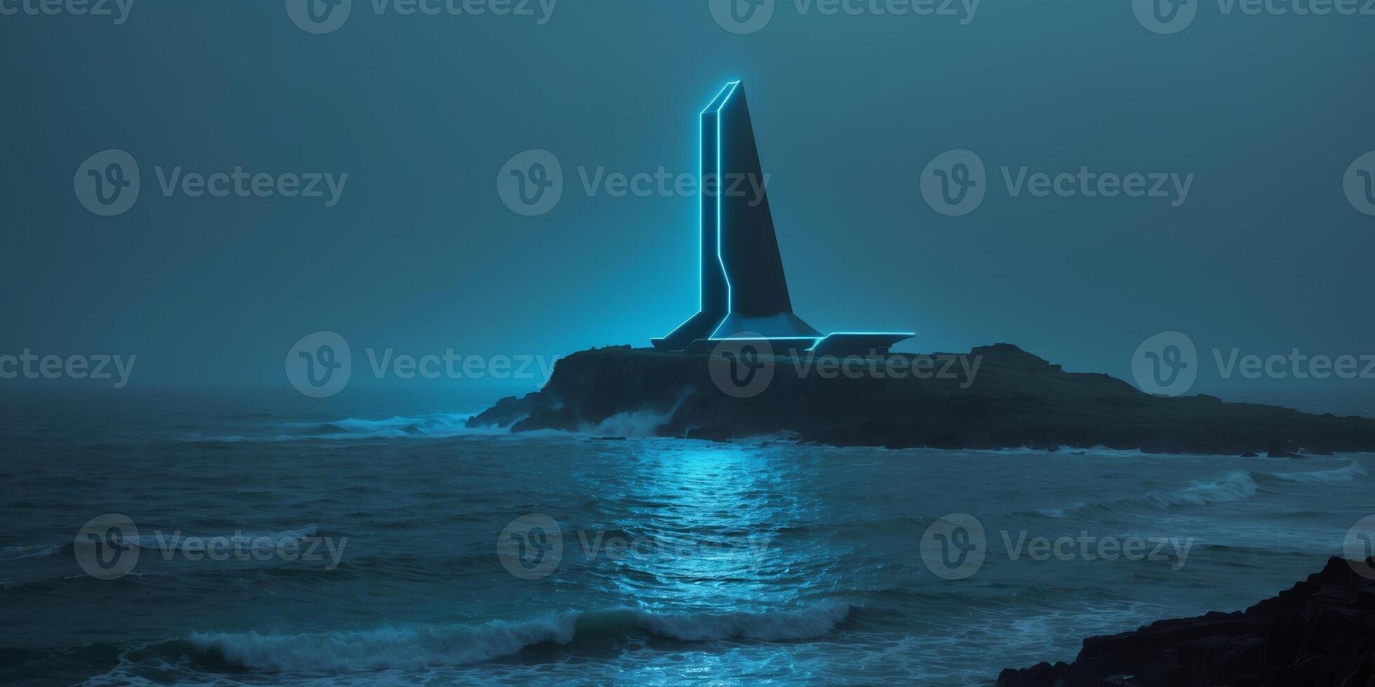 Futuristic Lighthouse Illuminated with Neon Blue Light in Cyberpunk Ocean Landscape photo