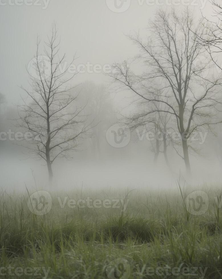 foggy field with trees and grass in the foreground photo