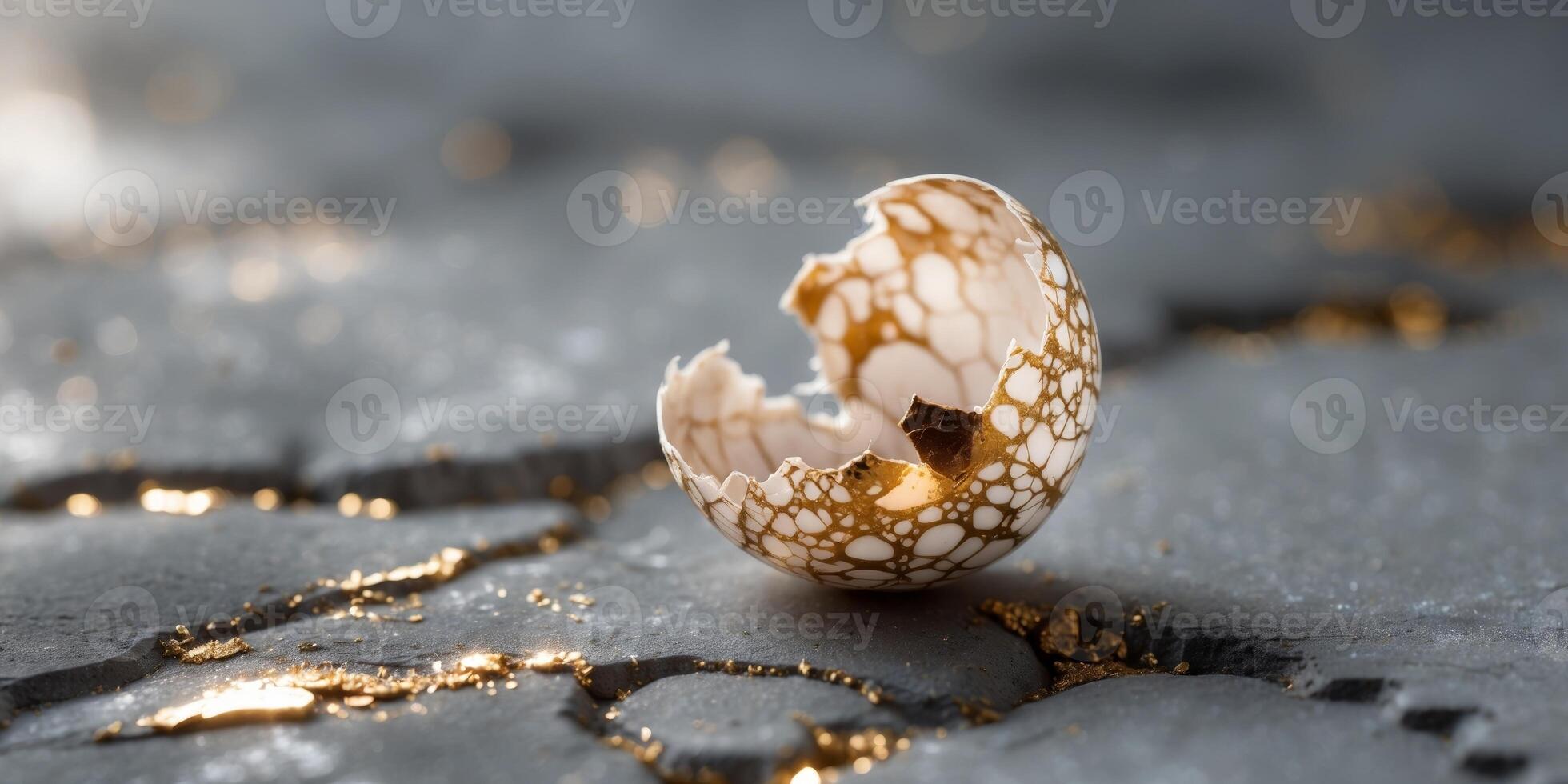 Cracked Egg Shell With Gold Accents Rests On StoneCracked Egg Shell With Gold Accents Rests On Stone. photo