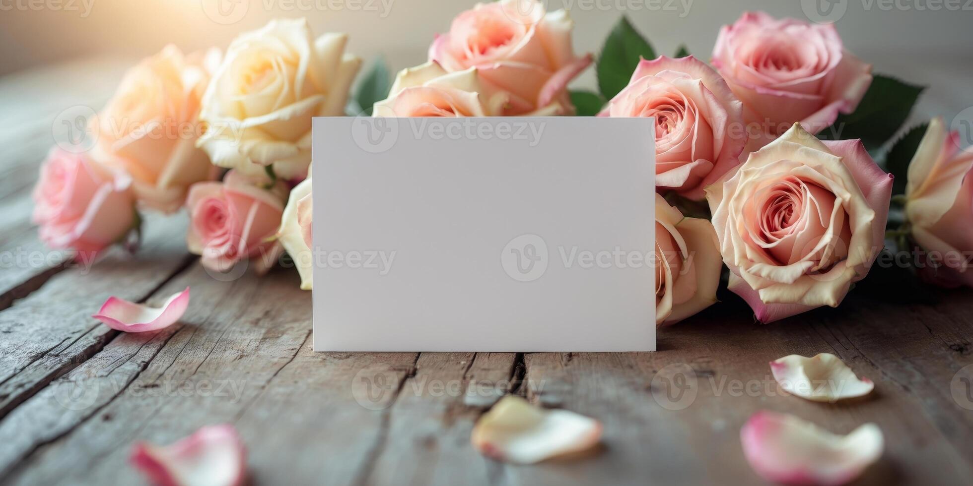 Blank mock up card on the table decorated with colorful rosesBlank mock up card on the table decorated with colorful roses. photo