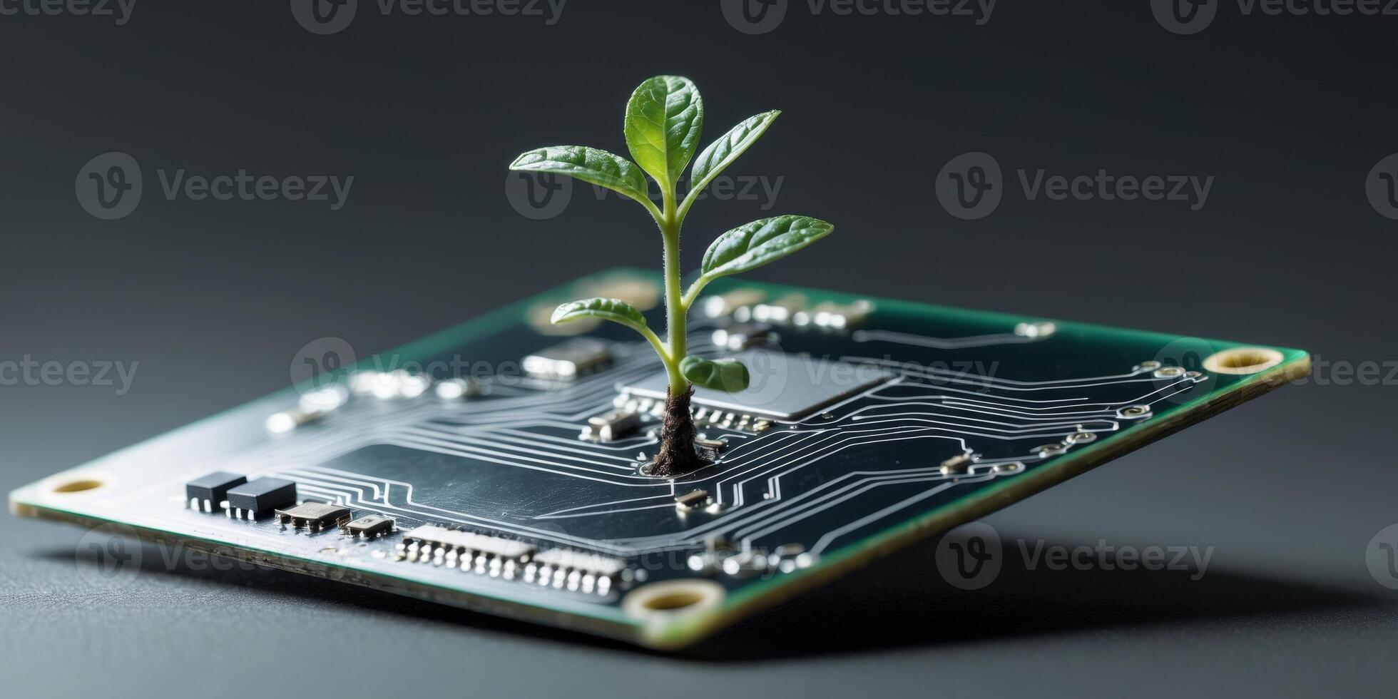 Digital Transformation and Technological Growth Represented by a Seedling Sprouting from a Circuit Board photo