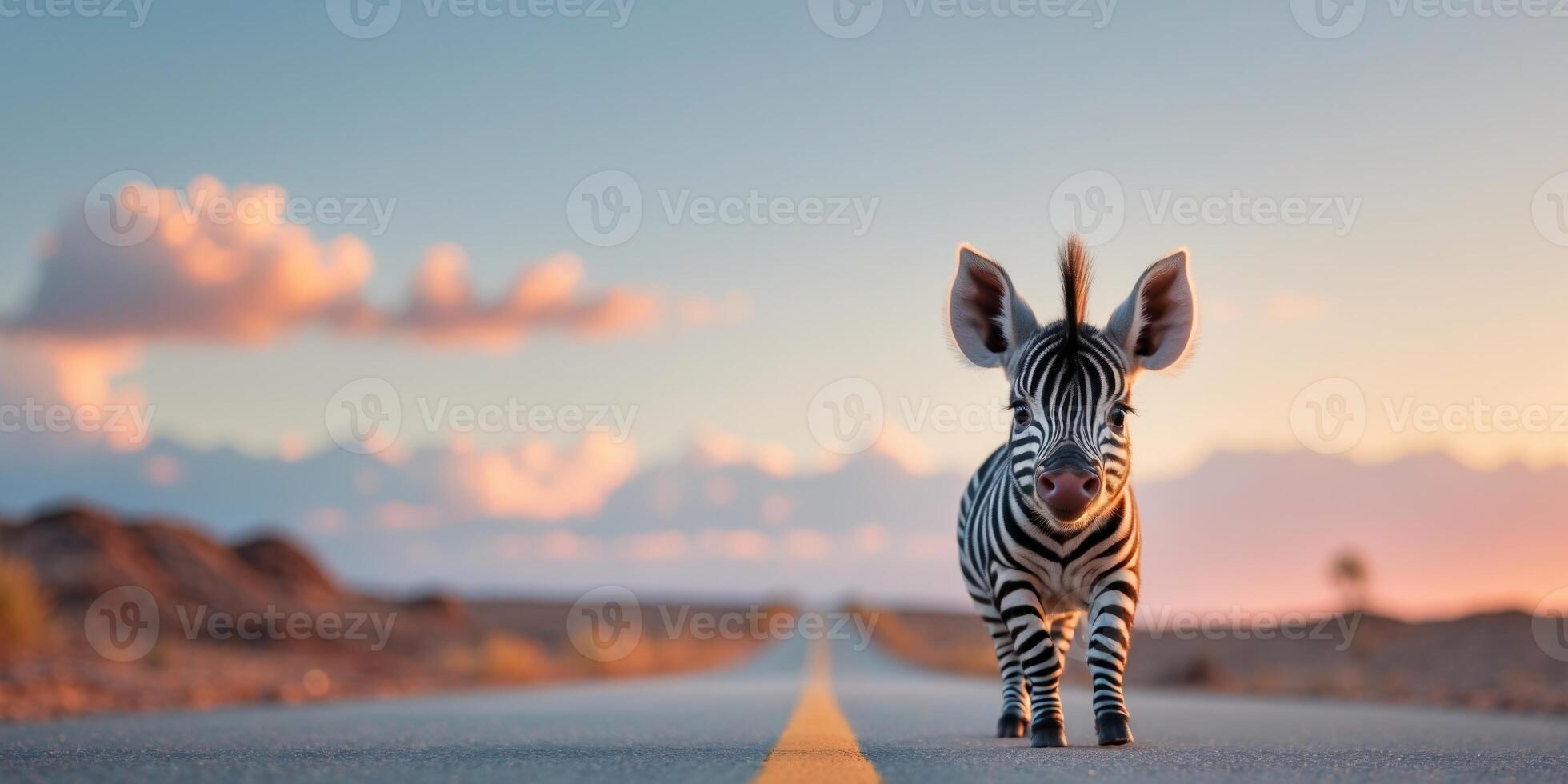 Cute Zebra Piglet Crossing the Road at Sunset photo