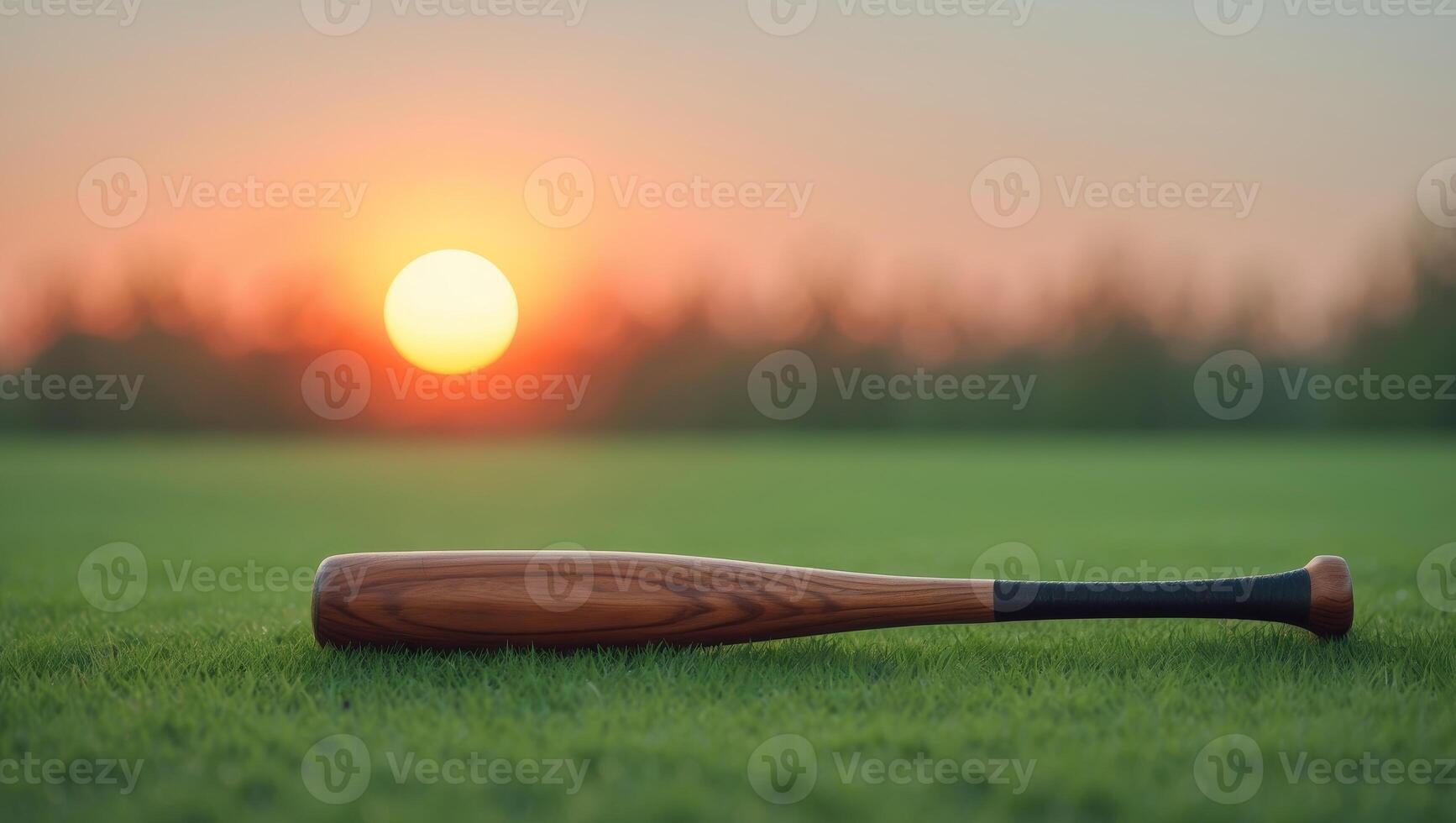 Wooden baseball bat rests on a grassy field during sunset with warm orange hues in the backgroundWooden baseball bat rests on a grassy field during sunset with warm orange hues in the background. photo