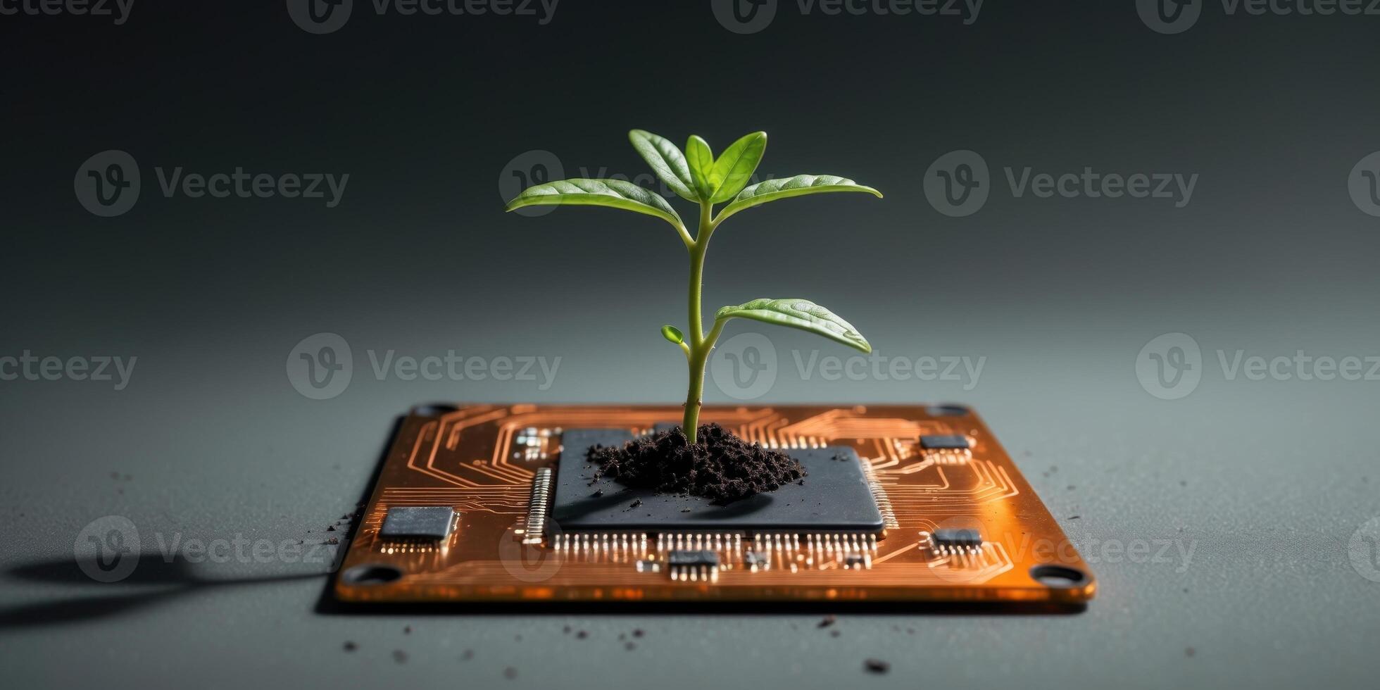 Digital Transformation and Technological Growth Symbolized by a Seedling Sprouting from a Circuit Board photo