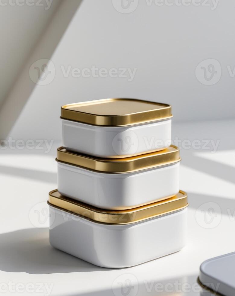 three white tins with gold lids stacked on top of each other photo