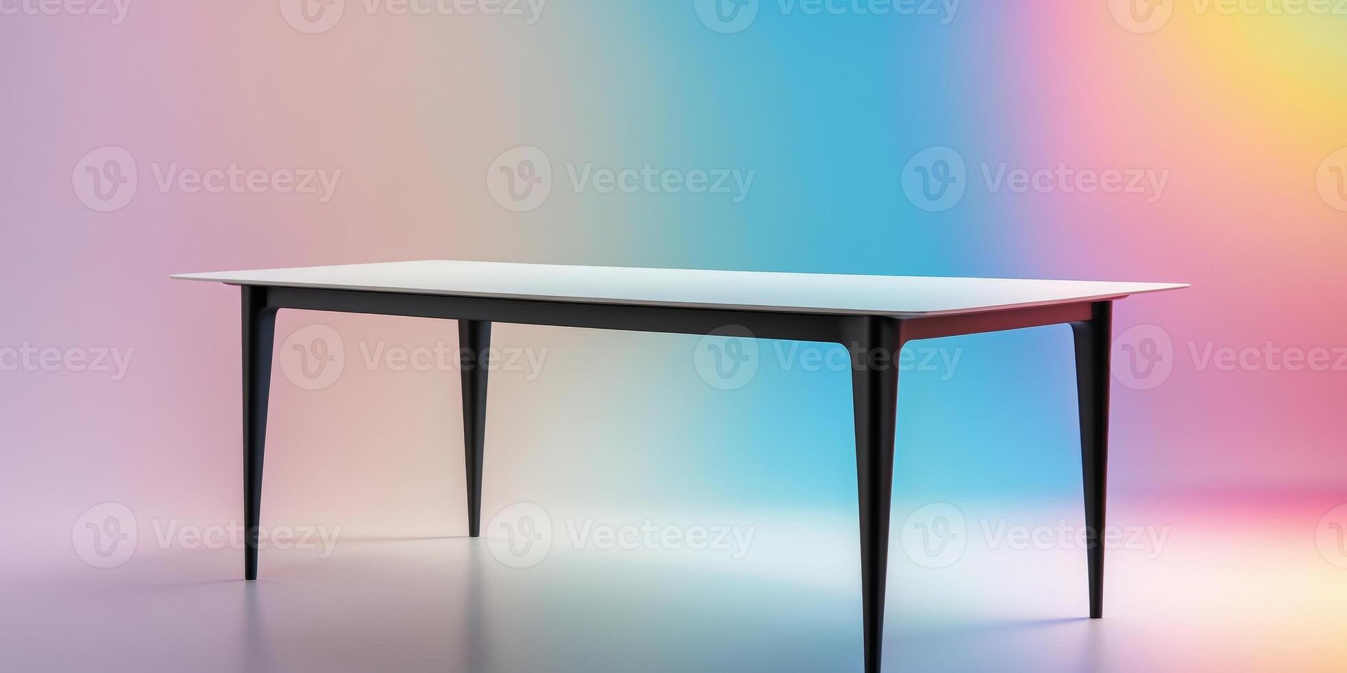 A white table with black legs sits on a colorful backgroundA white table with black legs sits on a colorful background. photo