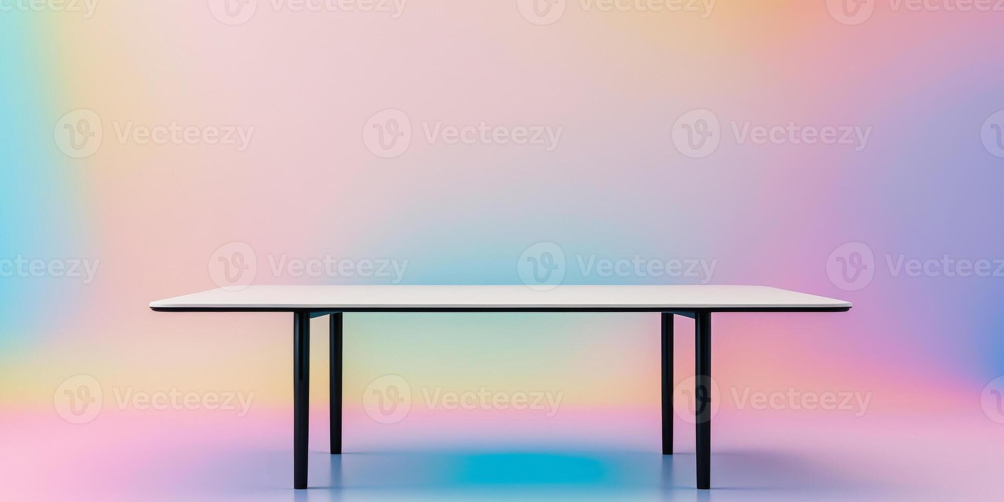 A white table with black legs sits on a colorful background photo