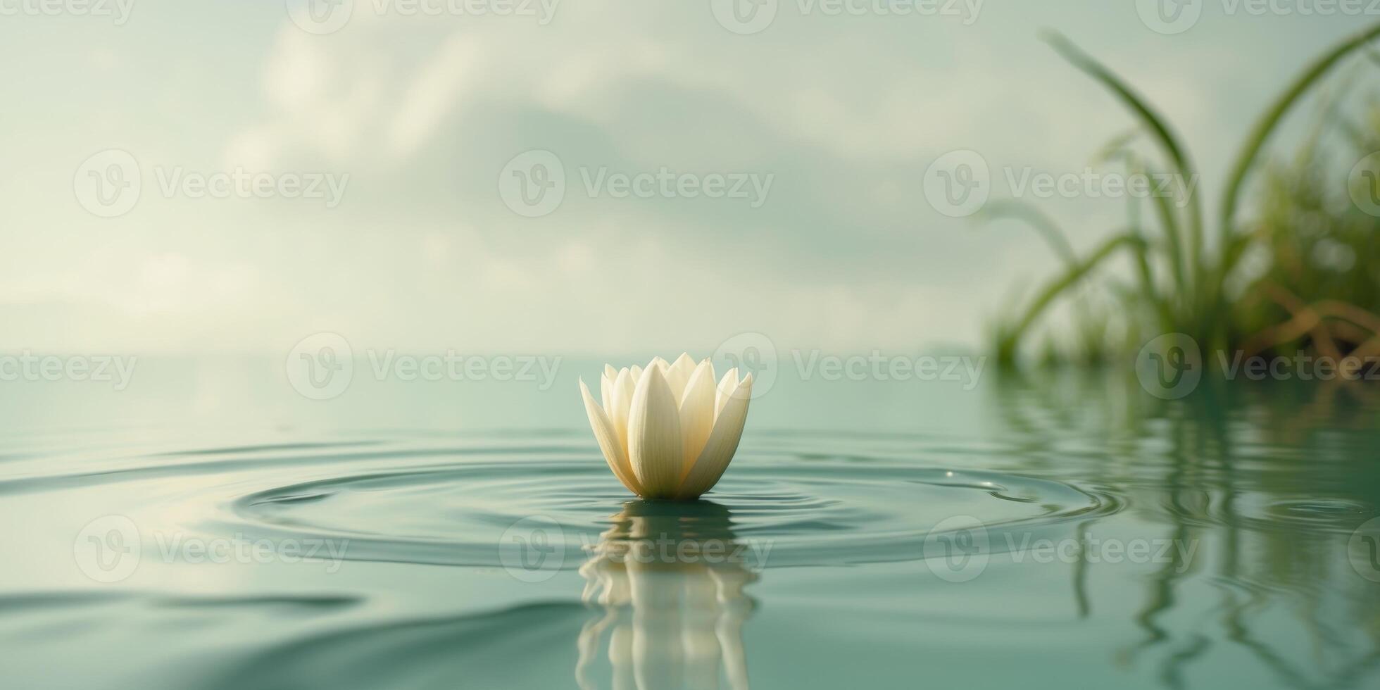 Serene Water Lily Blossom Floating on Calm Teal Water Peaceful Nature Scene photo