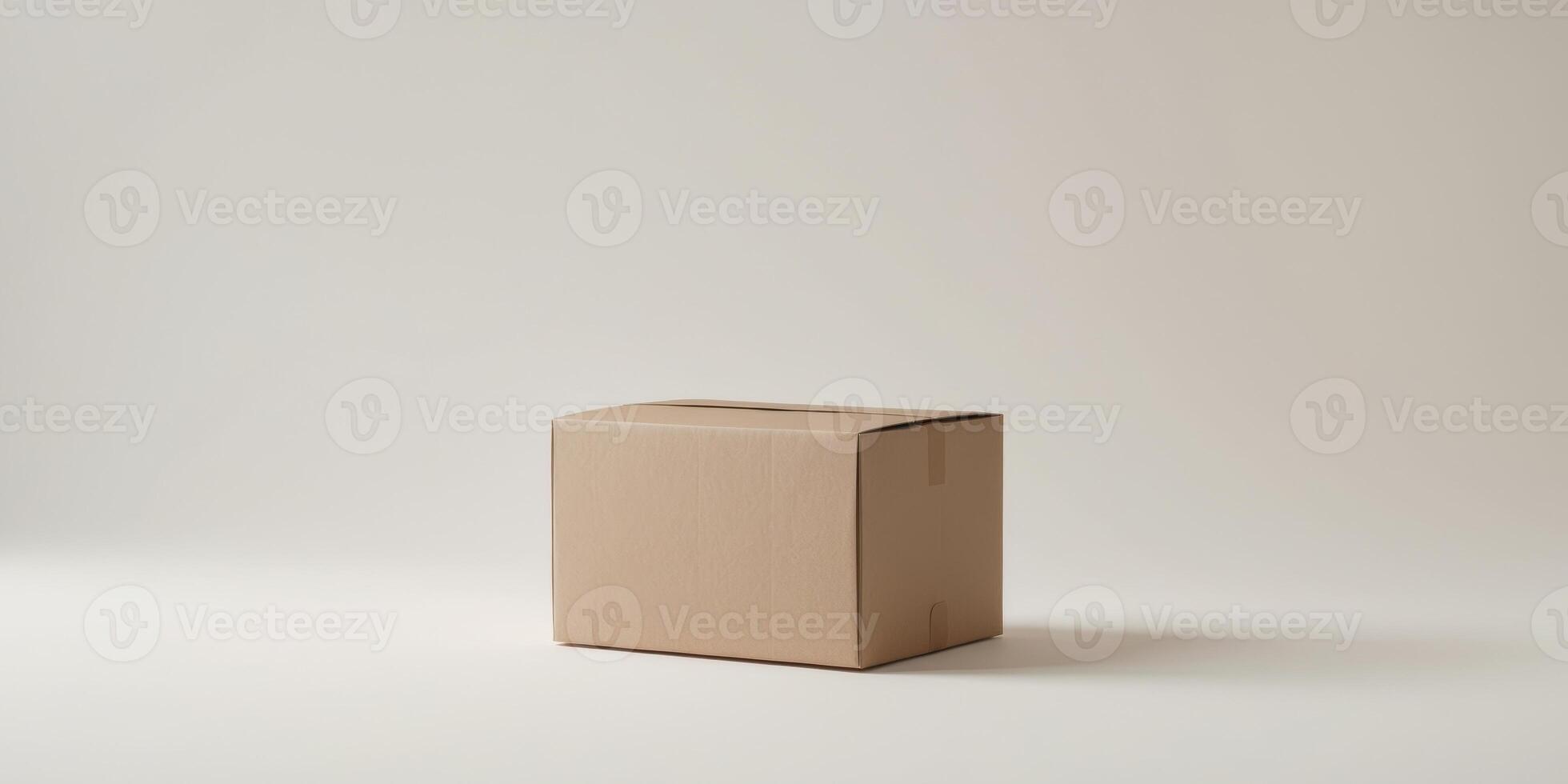 Closed brown cardboard box on a light background with copy space for branding or text photo