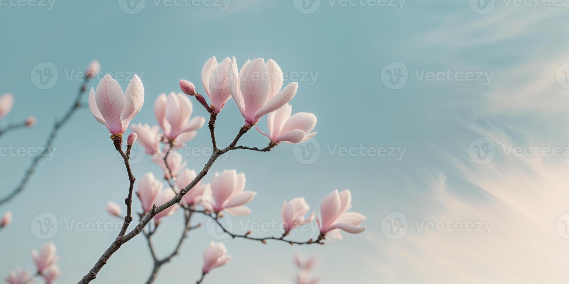 Pink Magnolia Blossoms Branch Soft Pastel Sky BackgroundPink Magnolia Blossoms Branch Soft Pastel Sky Background. photo