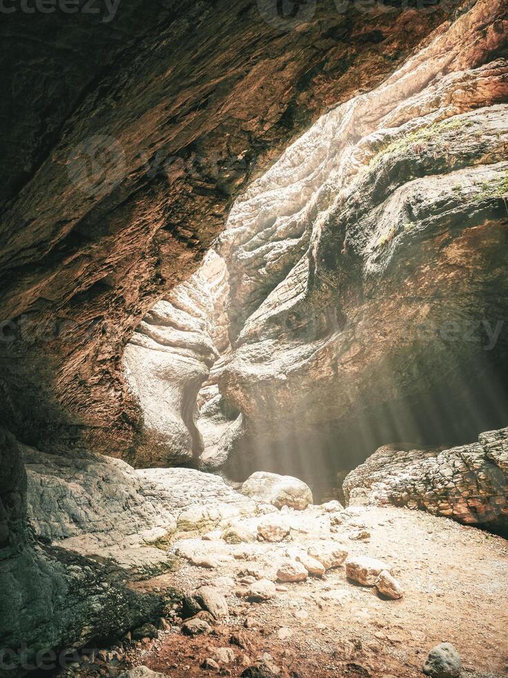 Saltinskij gorge with sunlight in Dagestan. Vertical view photo