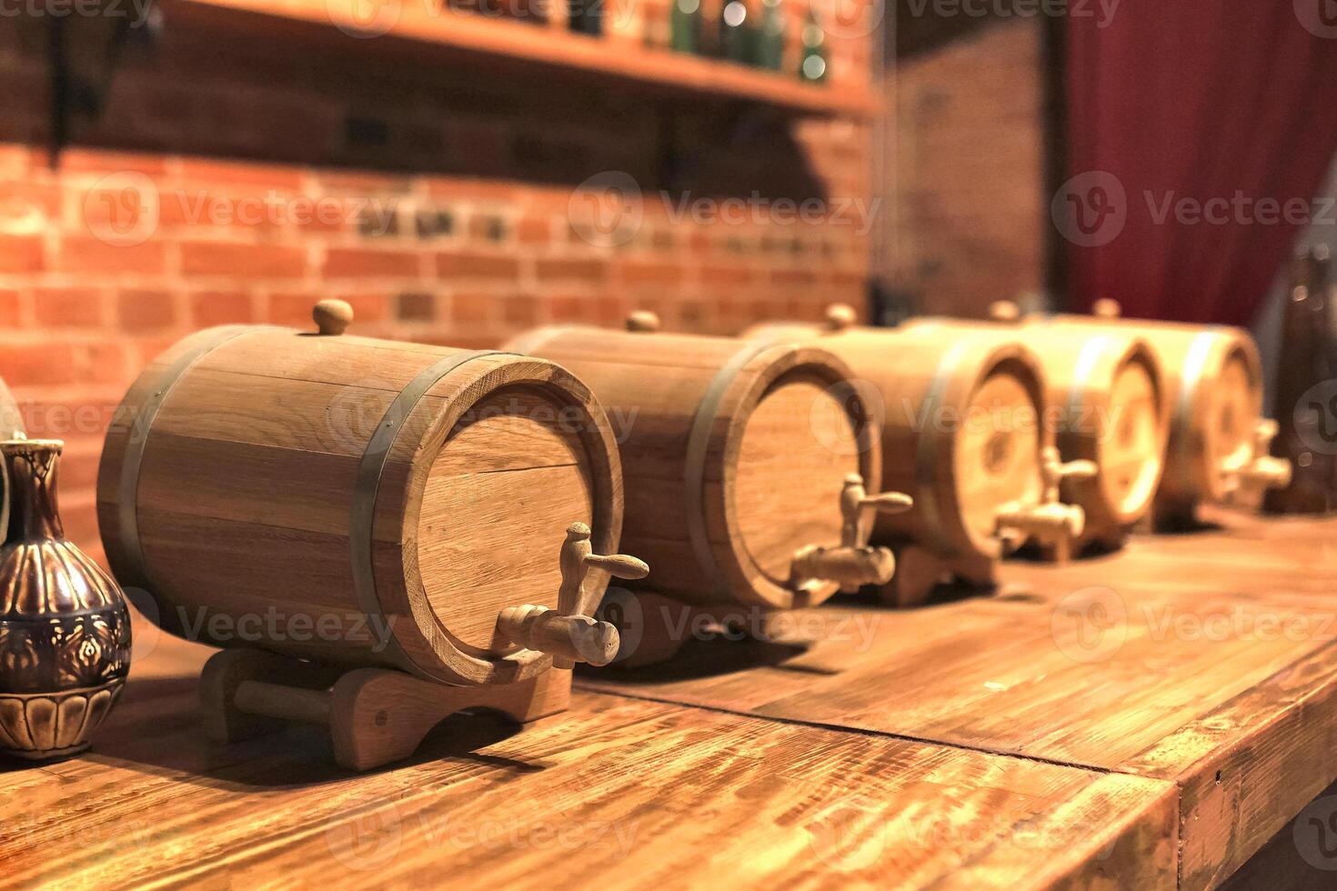 Wooden barrels for alcohol with wooden wings. photo
