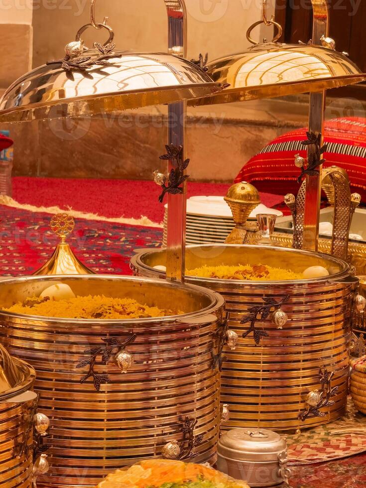 golden banquet table setting for for guests photo
