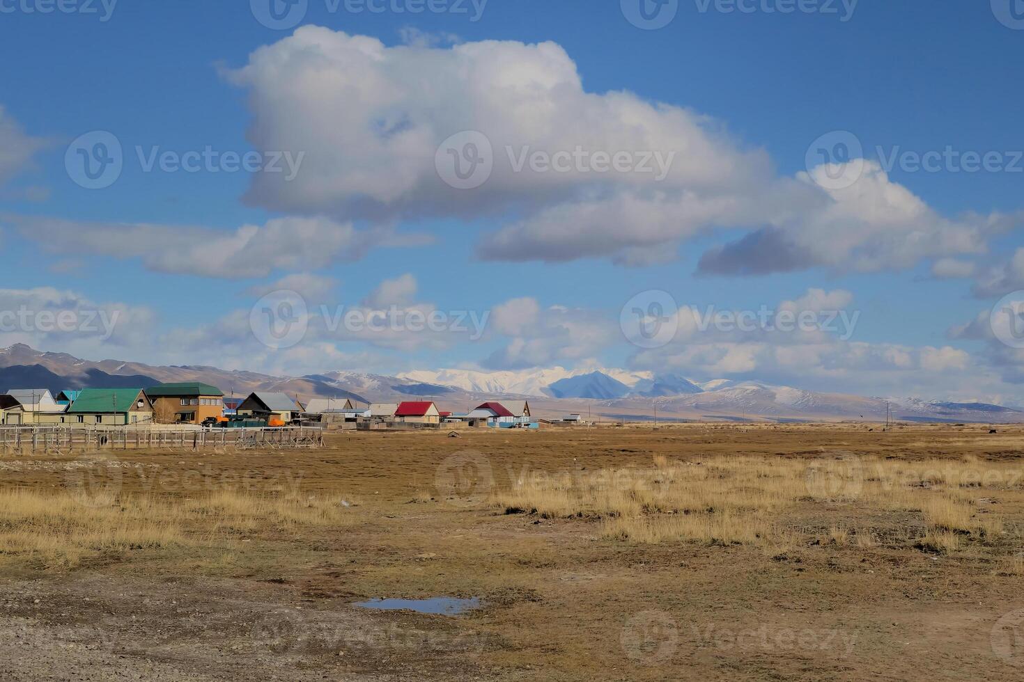 Altai village in the steppe. Authentic village, houses in the field. Kosh-Agachsky district, Altai Russia photo