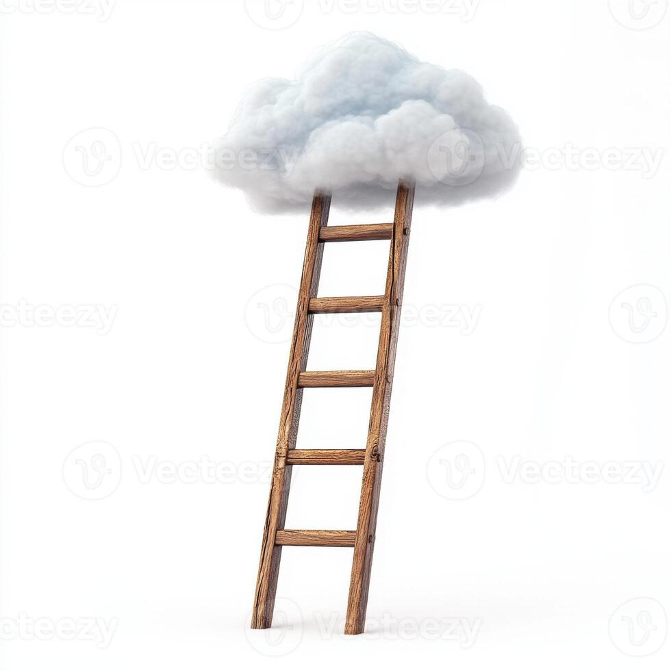 Creative wooden ladder reaching toward a fluffy cloud in an imaginative setting photo