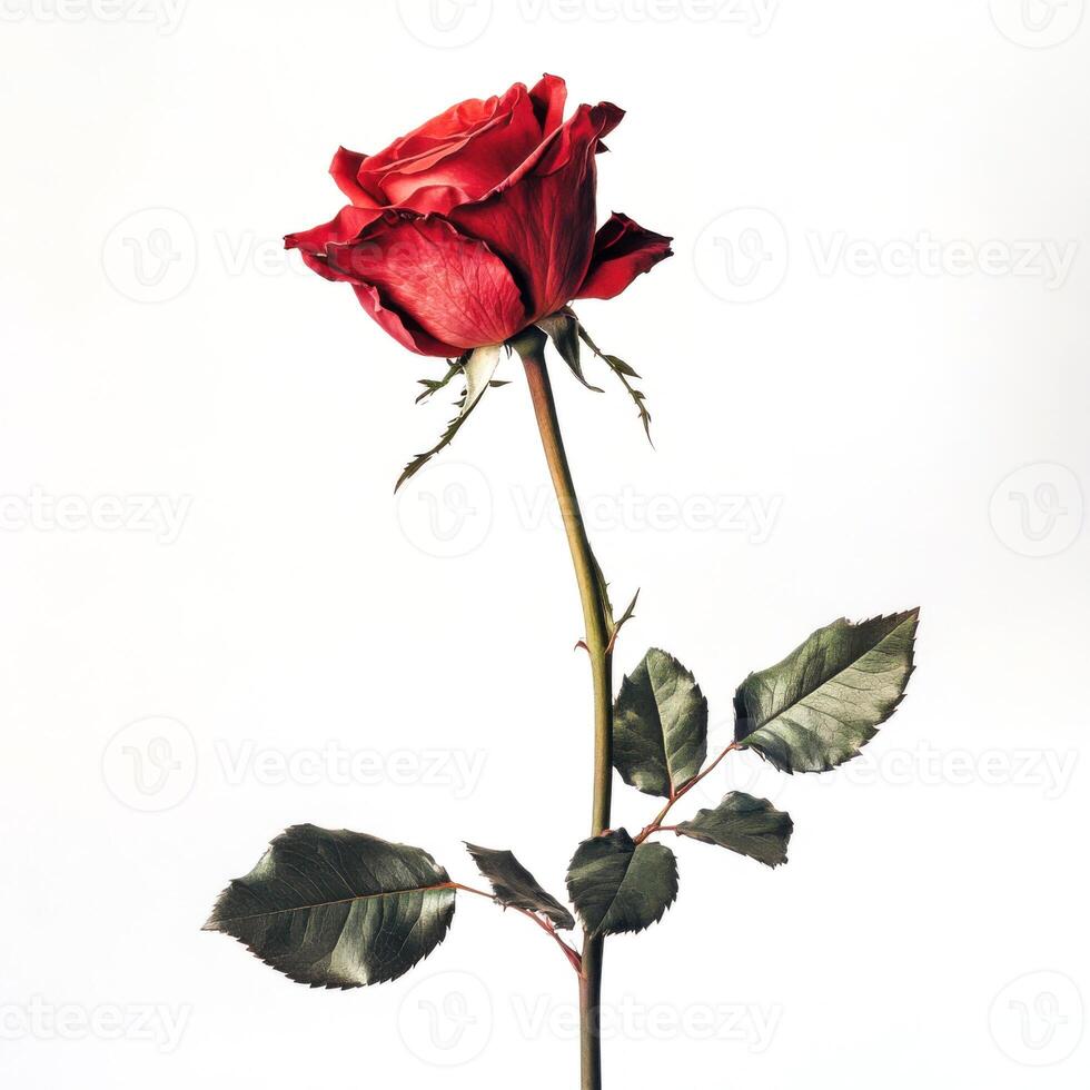 Red rose stands elegantly against a plain background, showcasing its vibrant petals and stem in a simple yet striking composition photo