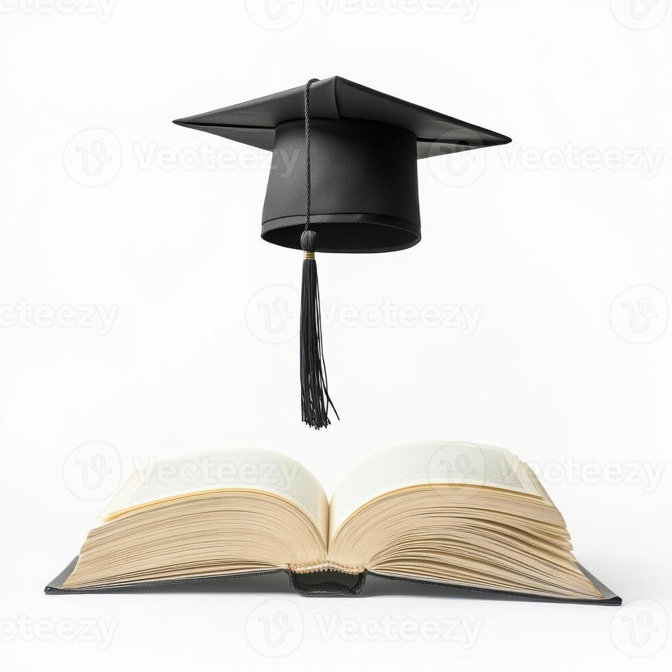 Graduation cap hovering above an open book symbolizes academic achievement and knowledge acquisition photo