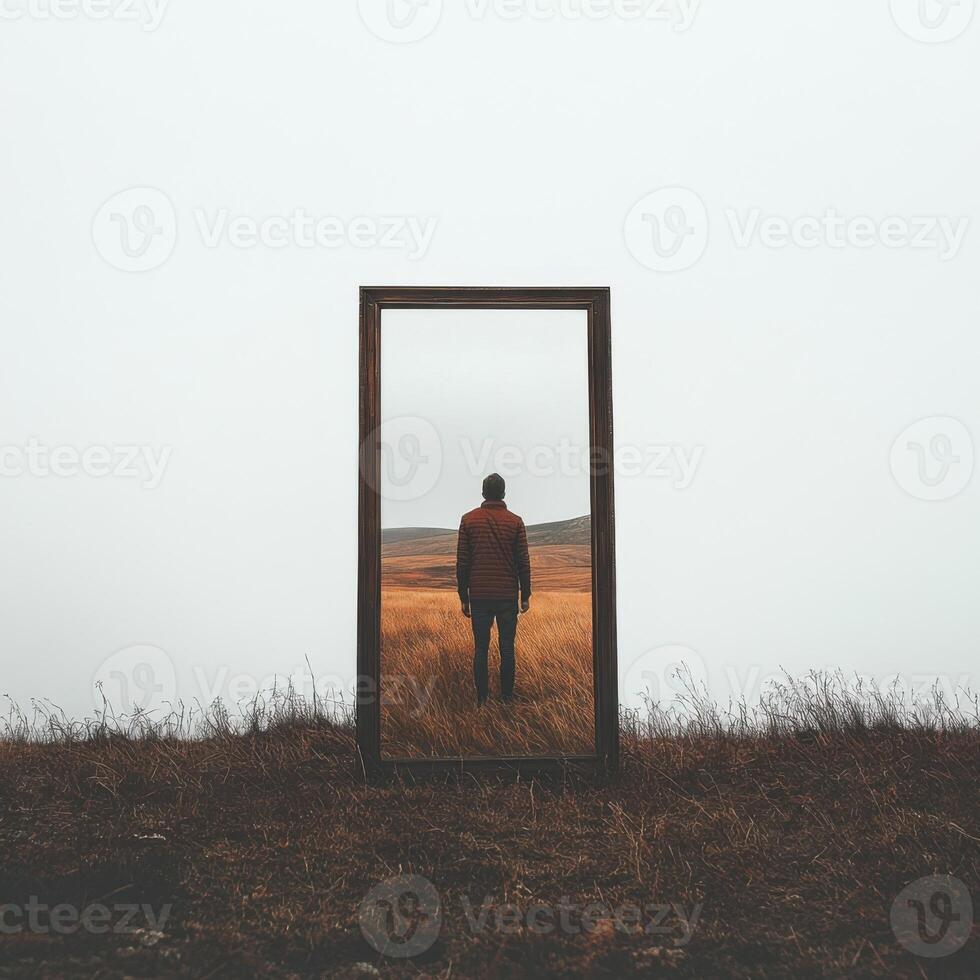 Reflection of a person standing in a field through an ornate mirror on a foggy day in a rural setting photo