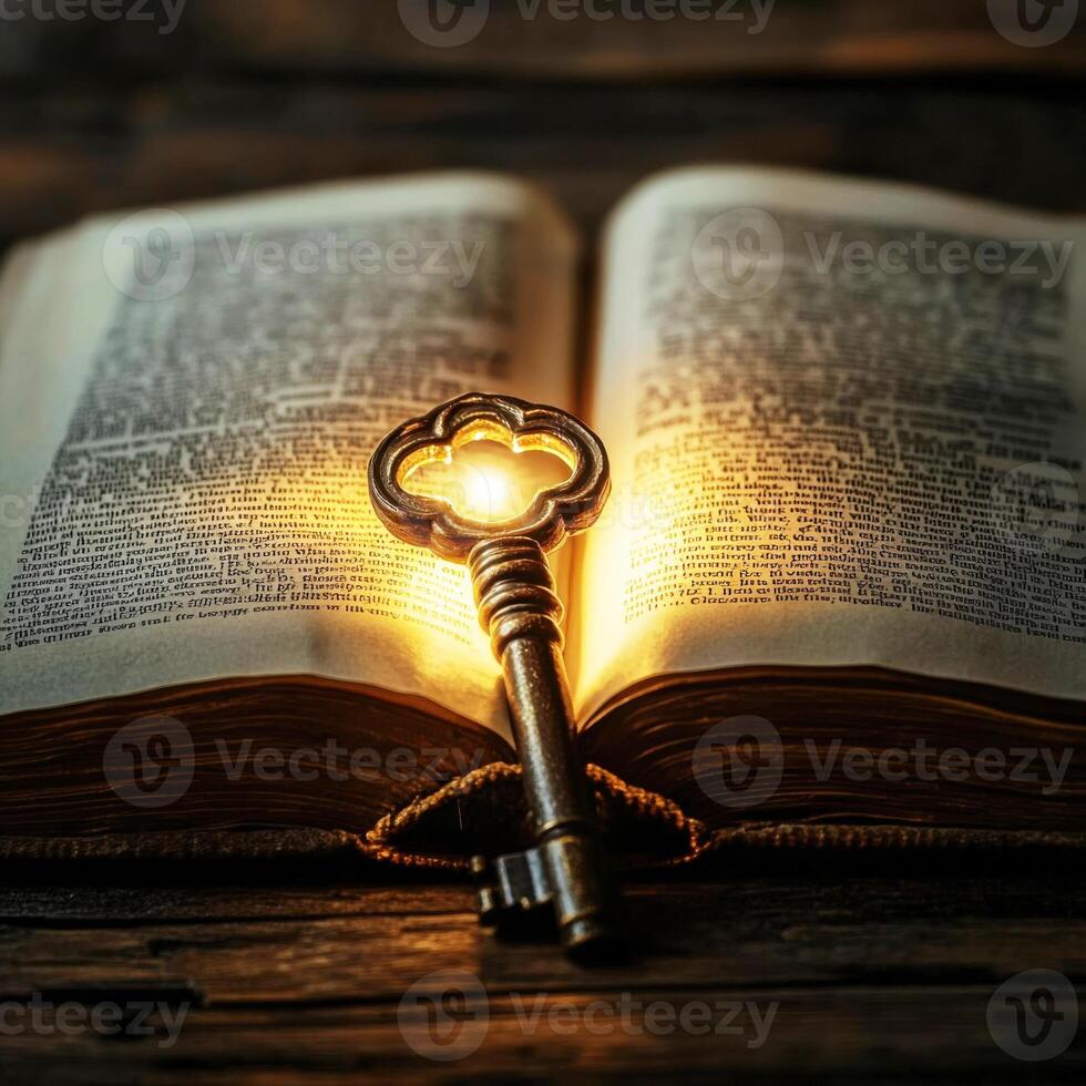 Key resting on an open book with illuminated text creating a mystical atmosphere in a dimly lit setting photo