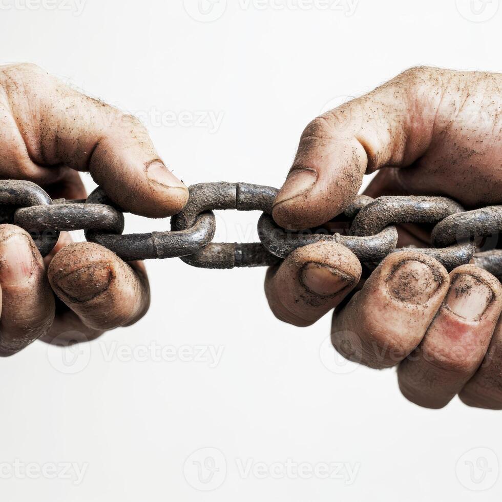 Hands gripping a rusty chain link with dirt and grime highlighting strength and determination while disconnecting the links photo