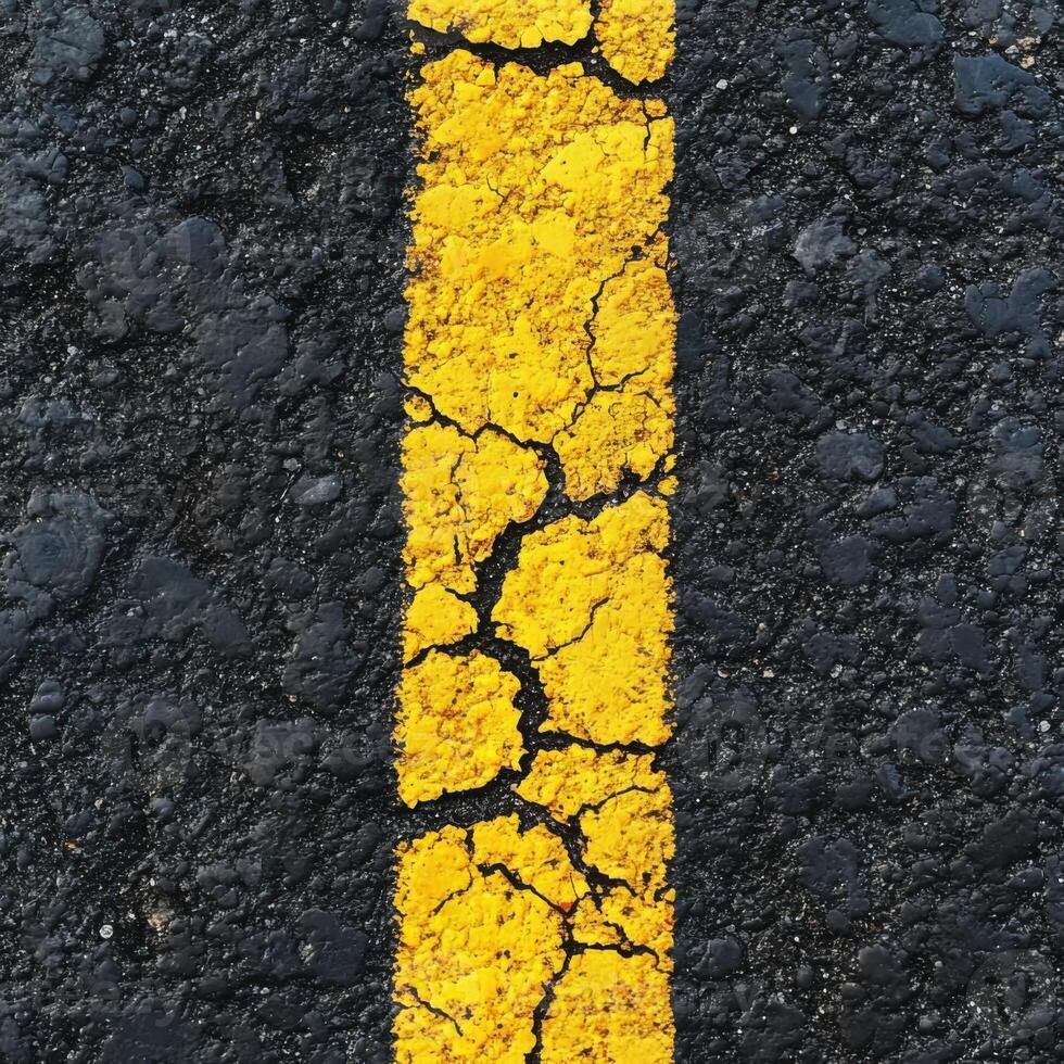 Cracked yellow line on asphalt surface revealing wear and tear in a parking lot during daylight hours photo
