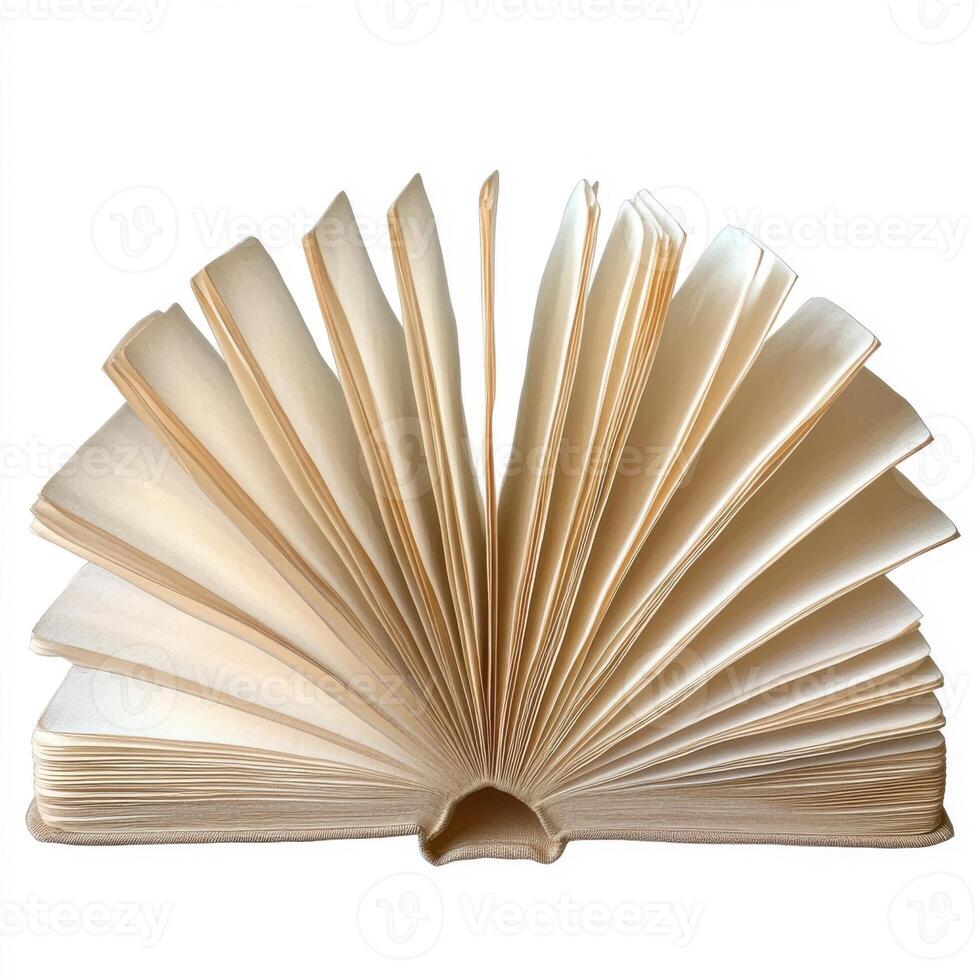 Open book displaying multiple pages in a fan arrangement with a light background photo