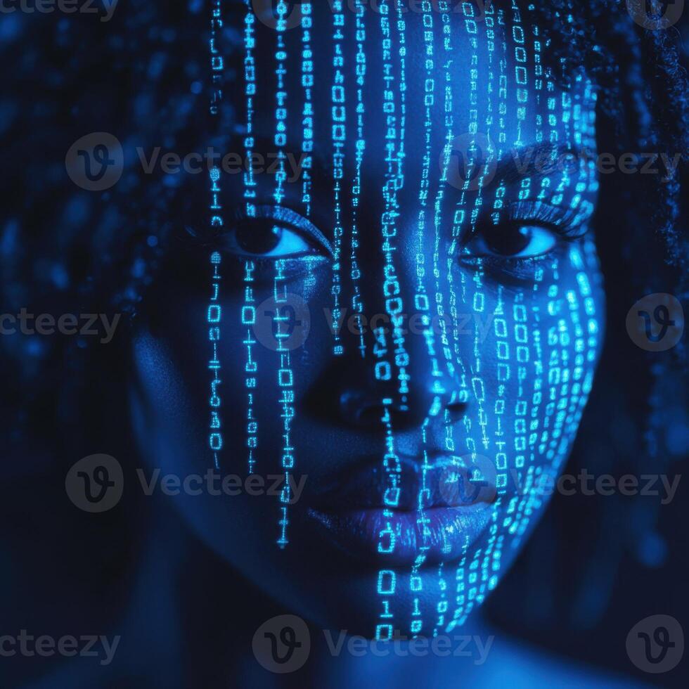 Woman with digital binary code projection on her face in a futuristic setting photo