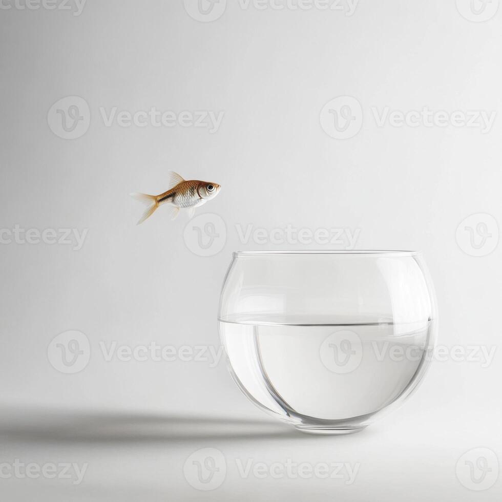Goldfish leaps from bowl in a minimalist setting showcasing elegance and freedom photo
