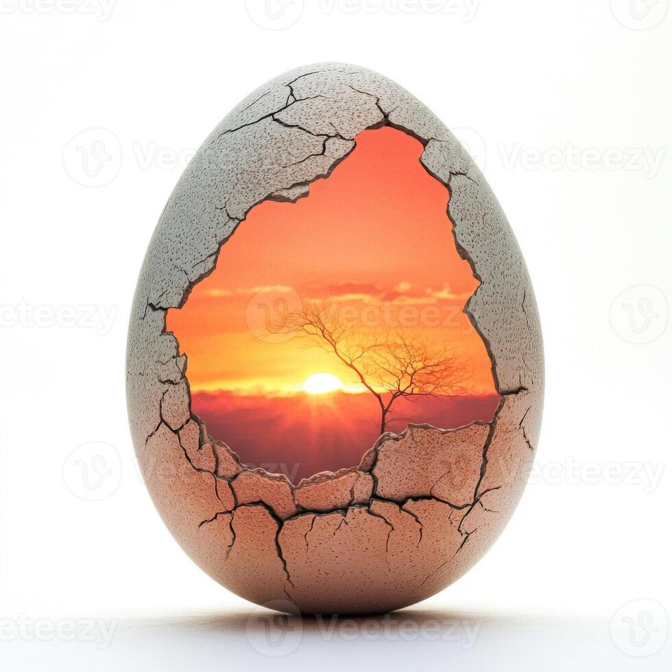 Cracked egg revealing a vibrant sunset backdrop with a solitary tree in the horizon photo