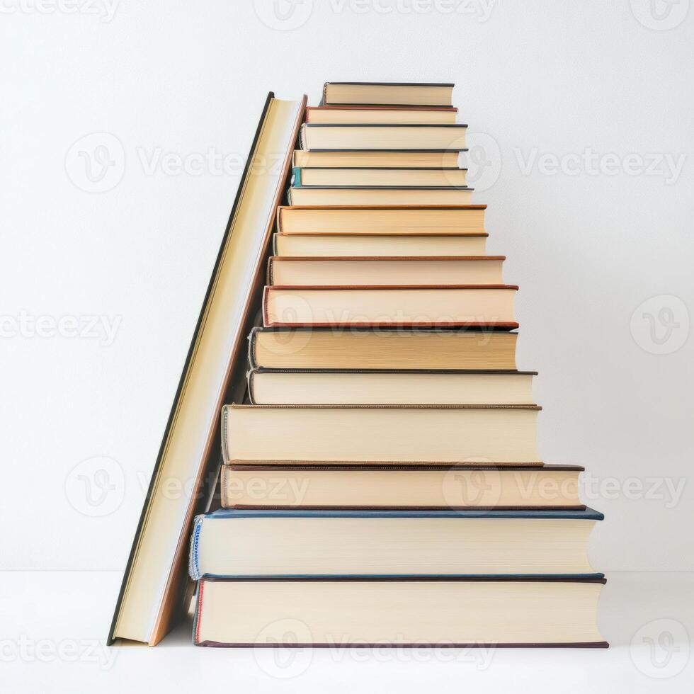 Stacked books form a staircase pattern showcasing various sizes and colors on a clean white background photo