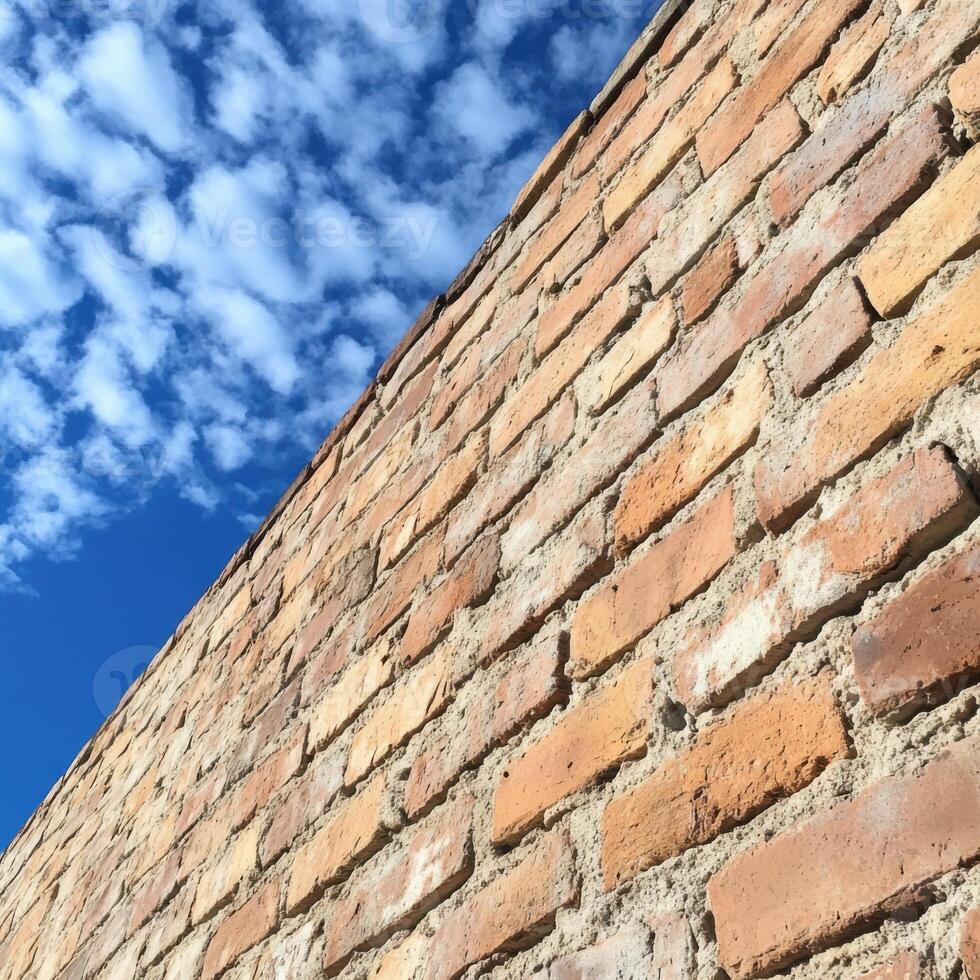 Brick wall stretches towards blue sky with scattered clouds during daylight hours photo