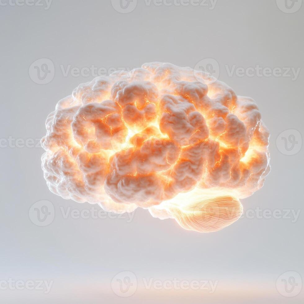 Brain glowing with bright energy, showcasing intricate details and textures in a surreal manner against a light background photo
