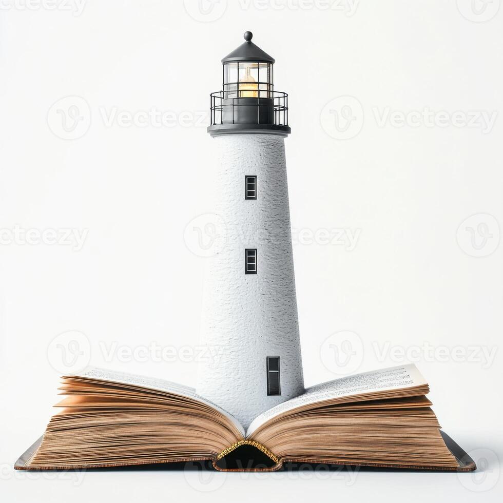Lighthouse emerging from an open book to symbolize knowledge and guidance in a creative environment photo