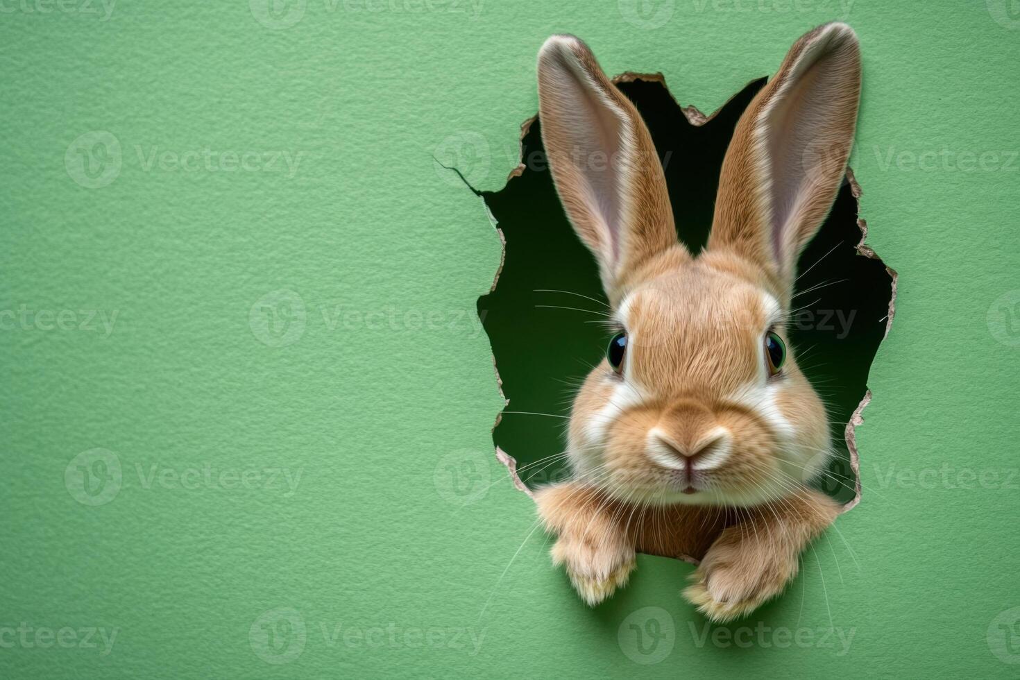 Curious rabbit peeks through a torn green wall discovering a new world photo