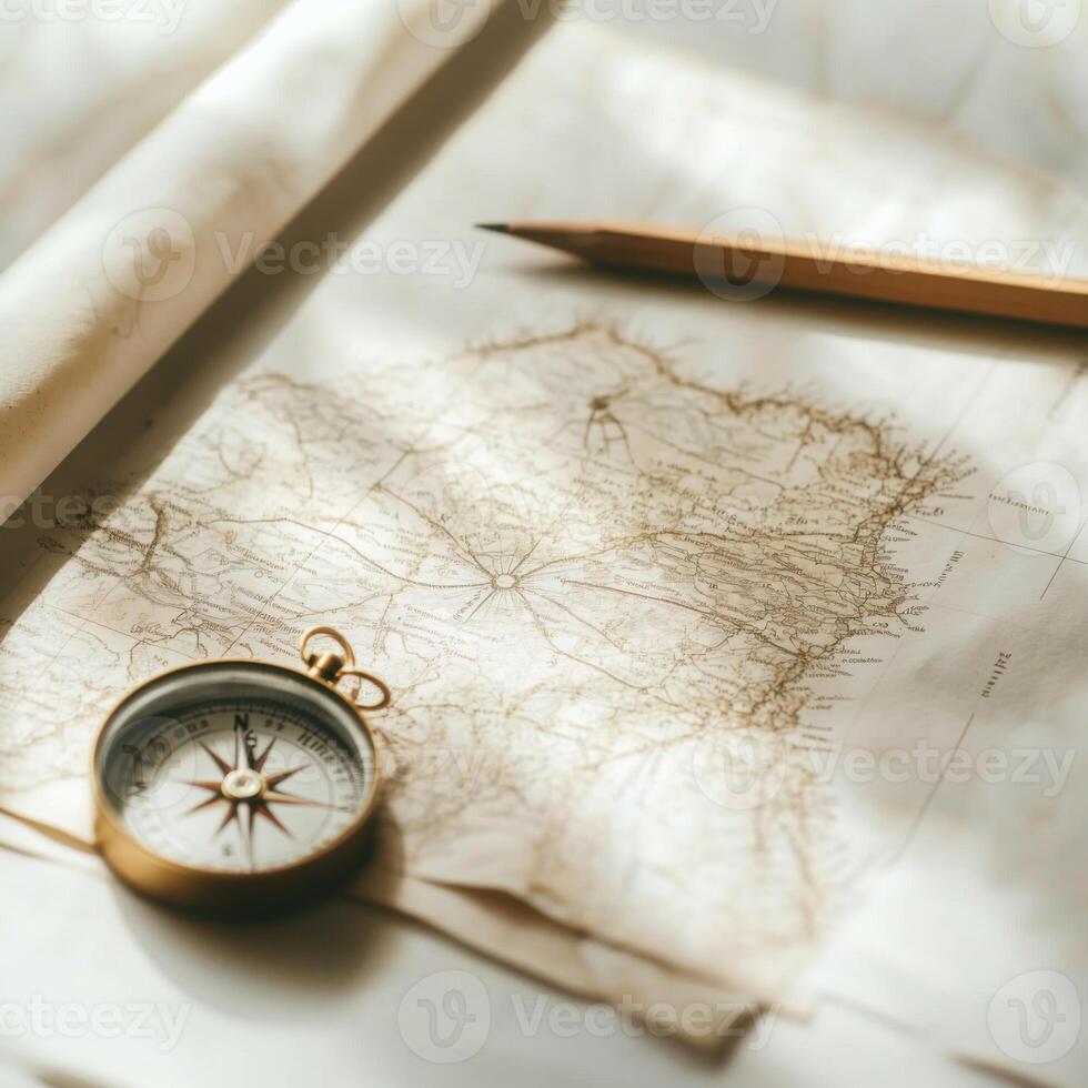 Detailed map with compass and pencil on light surface, ideal for journey planning and exploration photo
