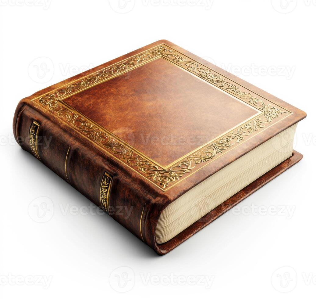 Leather bound book with intricate detailing on the cover resting on a white surface photo