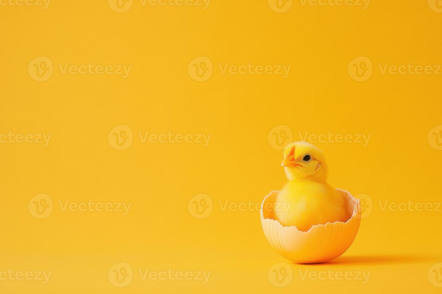 Newly hatched chick emerging from its eggshell on a bright yellow background photo